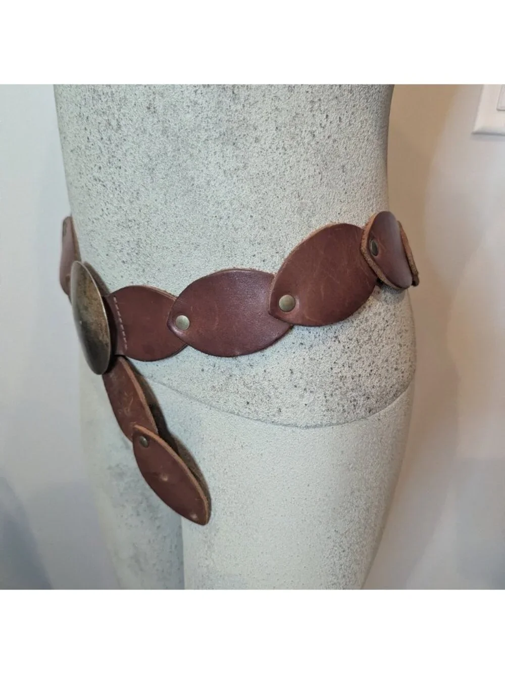 Vintage Leather disk rivet belt with brass metal buckle boho western 39.5